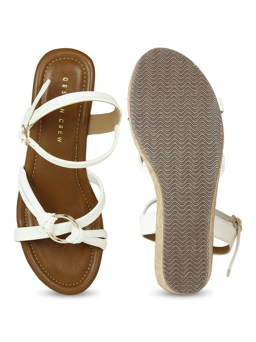 Metal Ring Embellished Ankle Strap Sandal On A Cork Wedge