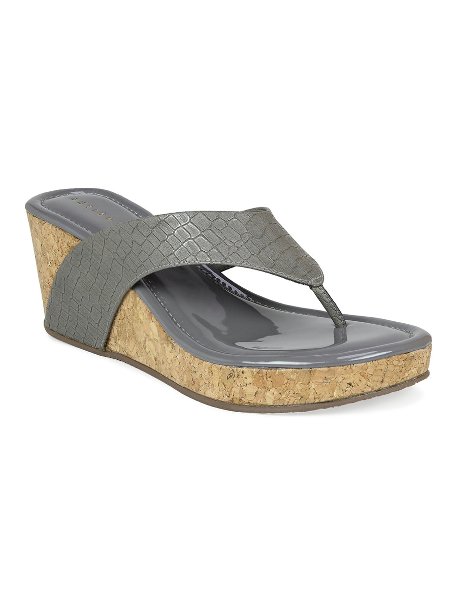 Crocodile Printes Thong Sandal On A Cork Covered Wedge
