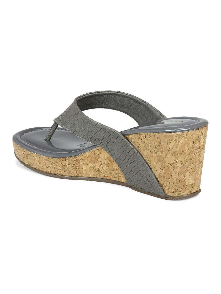 Crocodile Printes Thong Sandal On A Cork Covered Wedge