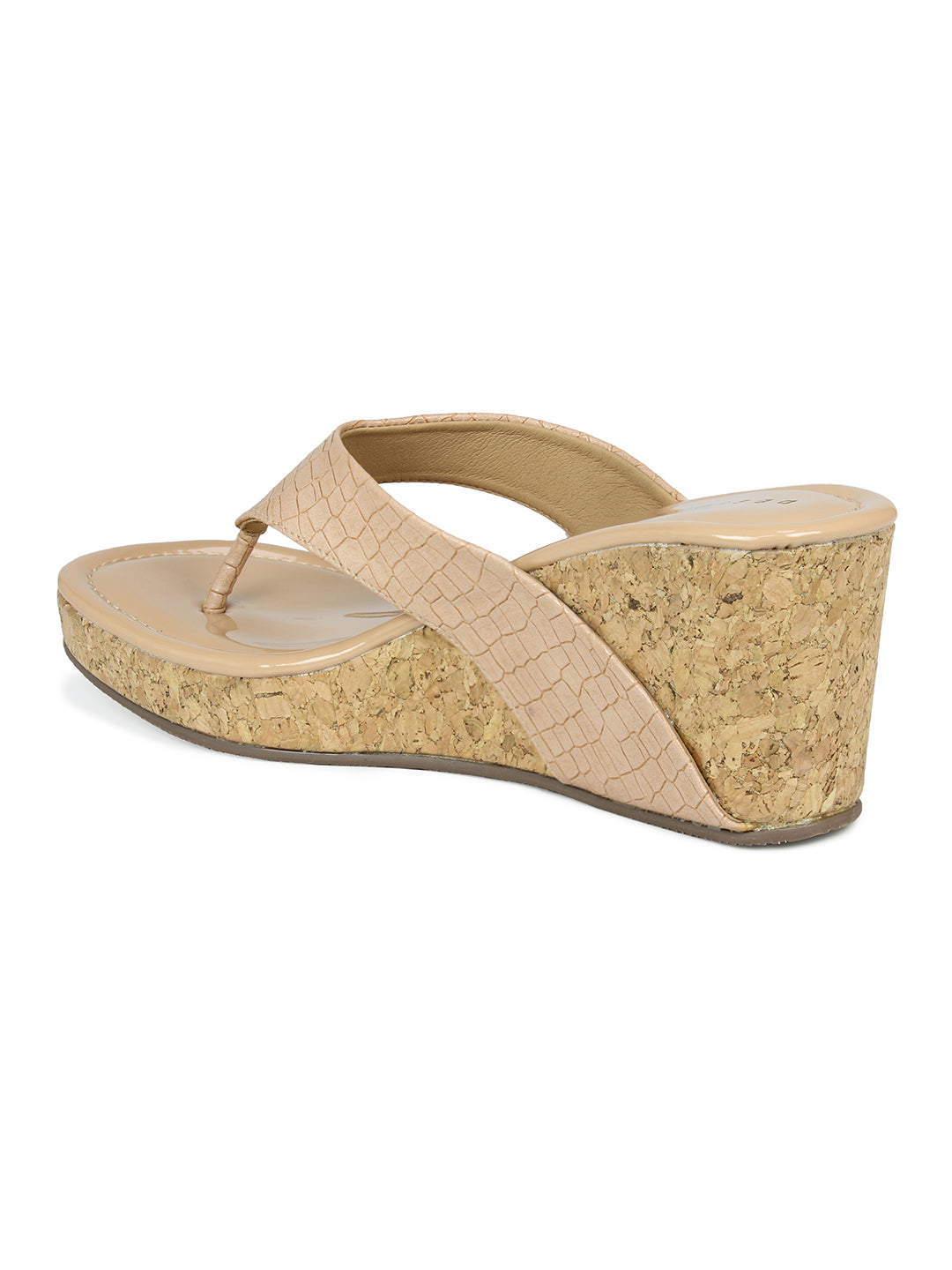 Crocodile Printes Thong Sandal On A Cork Covered Wedge