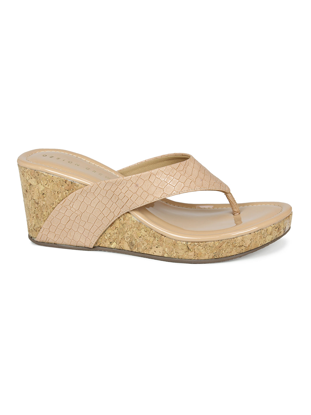 Crocodile Printes Thong Sandal On A Cork Covered Wedge