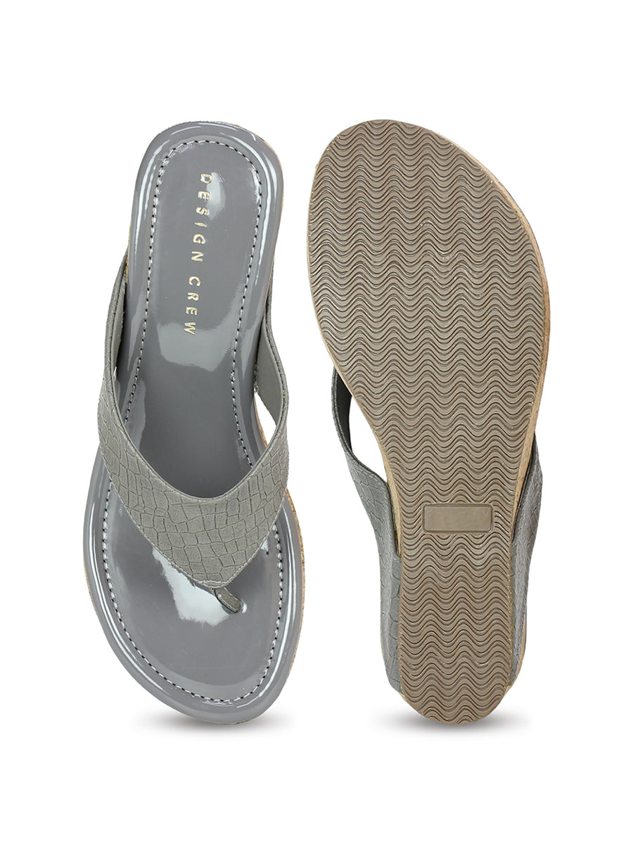 Crocodile Printes Thong Sandal On A Cork Covered Wedge