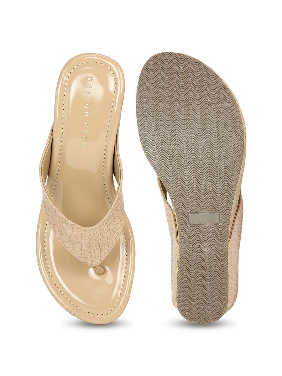 Crocodile Printes Thong Sandal On A Cork Covered Wedge
